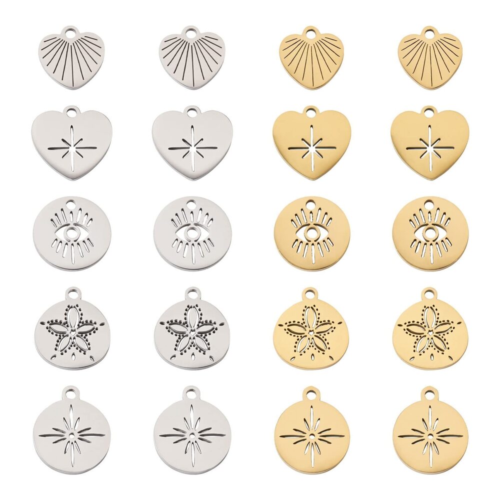 1042 Pandahall 20Pcs Flat Round Heart Stainless Steel Charms 10 Style